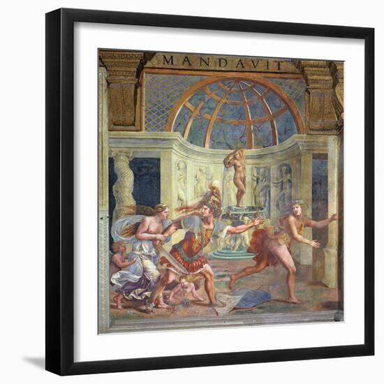 Venus, Whose Pricked Foot Stains the Petals of a Rose Red, with Mars Who Pursues Adonis-Giulio Romano-Framed Giclee Print