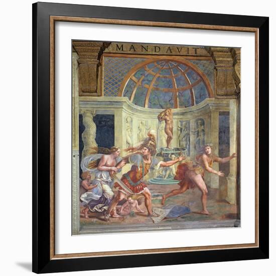 Venus, Whose Pricked Foot Stains the Petals of a Rose Red, with Mars Who Pursues Adonis-Giulio Romano-Framed Giclee Print