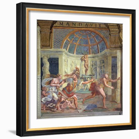 Venus, Whose Pricked Foot Stains the Petals of a Rose Red, with Mars Who Pursues Adonis-Giulio Romano-Framed Giclee Print