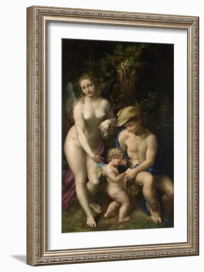 Venus with Mercury and Cupid (The School of Love), C. 1525-Correggio-Framed Giclee Print