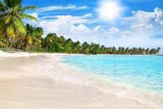 Tropical Beach, Turquoise Sea Water, Ocean Wave, Yellow Sand, Green Palms, Sun Blue Sky, White Clou-Vera NewSib-Premier Image Canvas
