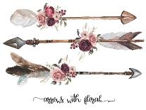 Watercolor Ethnic Boho Set of Arrows, Feathers and Flowers, Native American Tribe Decoration Print-VerisStudio-Art Print