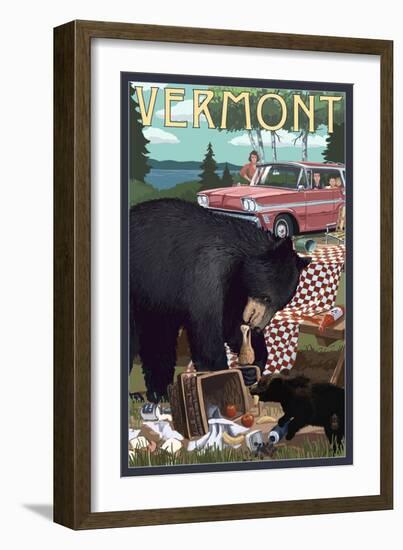 Vermont - Bear and Picnic Scene-Lantern Press-Framed Art Print