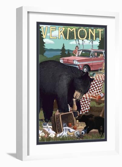 Vermont - Bear and Picnic Scene-Lantern Press-Framed Art Print