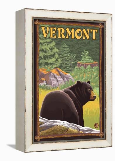Vermont - Black Bear in Forest-Lantern Press-Framed Stretched Canvas