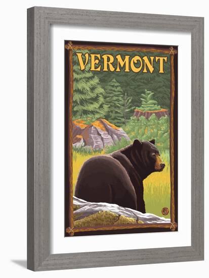 Vermont - Black Bear in Forest-Lantern Press-Framed Art Print