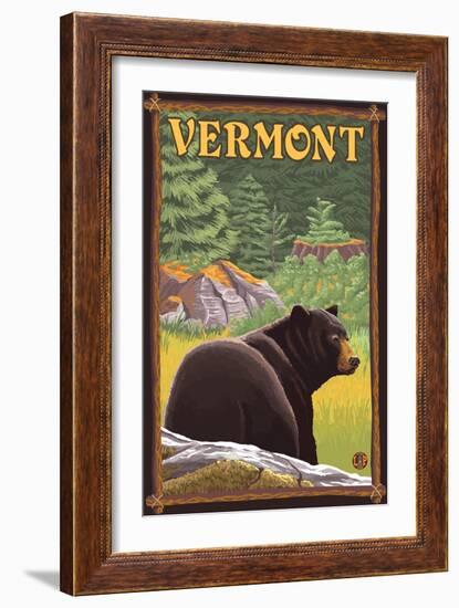Vermont - Black Bear in Forest-Lantern Press-Framed Art Print