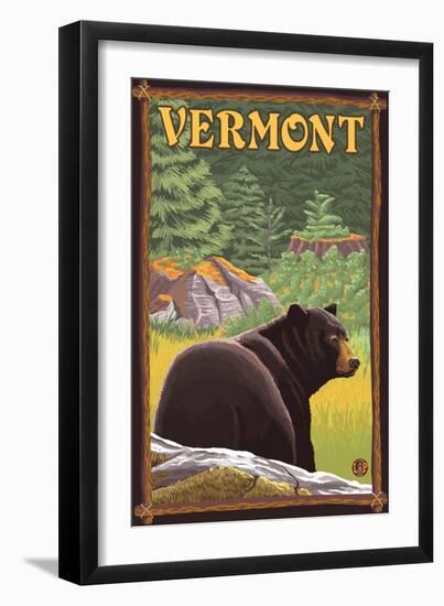 Vermont - Black Bear in Forest-Lantern Press-Framed Art Print