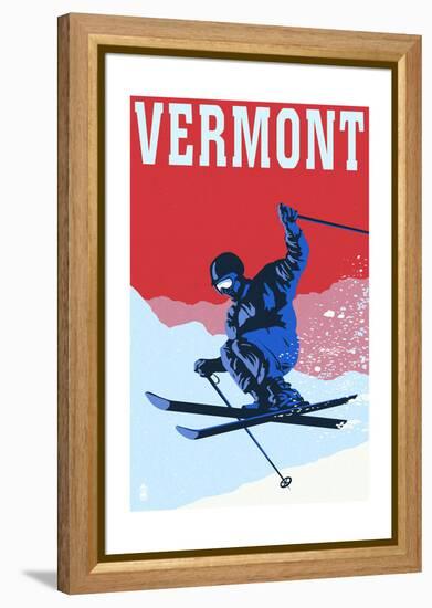 Vermont - Colorblocked Skier-Lantern Press-Framed Stretched Canvas