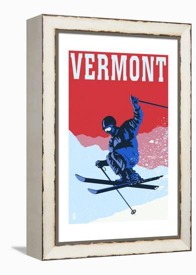 Vermont - Colorblocked Skier-Lantern Press-Framed Stretched Canvas