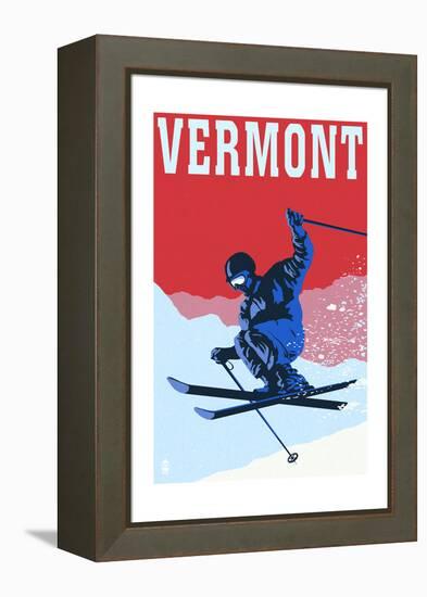 Vermont - Colorblocked Skier-Lantern Press-Framed Stretched Canvas