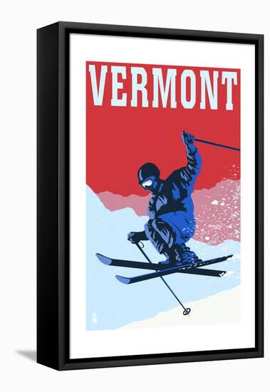 Vermont - Colorblocked Skier-Lantern Press-Framed Stretched Canvas