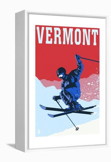 Vermont - Colorblocked Skier-Lantern Press-Framed Stretched Canvas