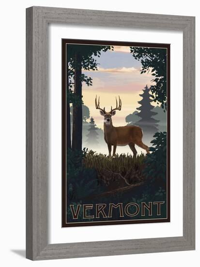 Vermont - Deer and Sunrise-Lantern Press-Framed Art Print