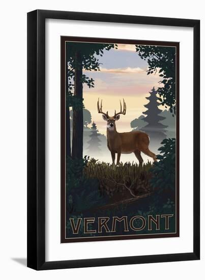 Vermont - Deer and Sunrise-Lantern Press-Framed Art Print