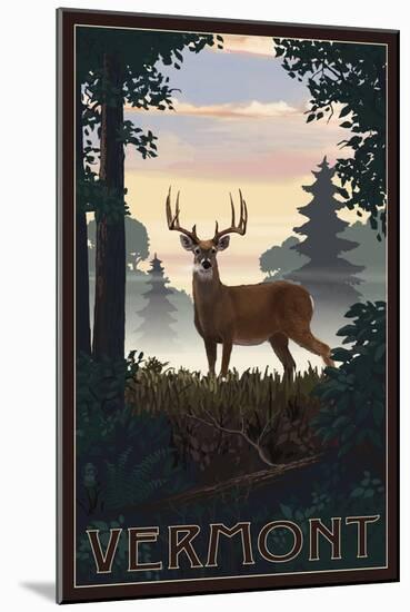 Vermont - Deer and Sunrise-Lantern Press-Mounted Art Print