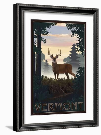 Vermont - Deer and Sunrise-Lantern Press-Framed Art Print