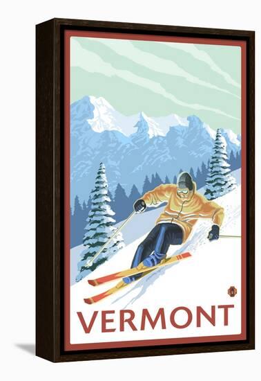 Vermont - Downhill Skier Scene-Lantern Press-Framed Stretched Canvas