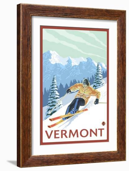 Vermont - Downhill Skier Scene-Lantern Press-Framed Art Print