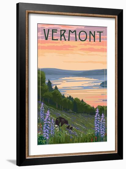 Vermont - Lake and Bear Family-Lantern Press-Framed Art Print