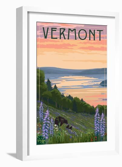 Vermont - Lake and Bear Family-Lantern Press-Framed Art Print