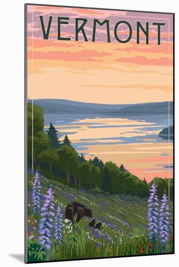 Vermont - Lake and Bear Family-Lantern Press-Mounted Art Print