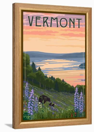 Vermont - Lake and Bear Family-Lantern Press-Framed Stretched Canvas