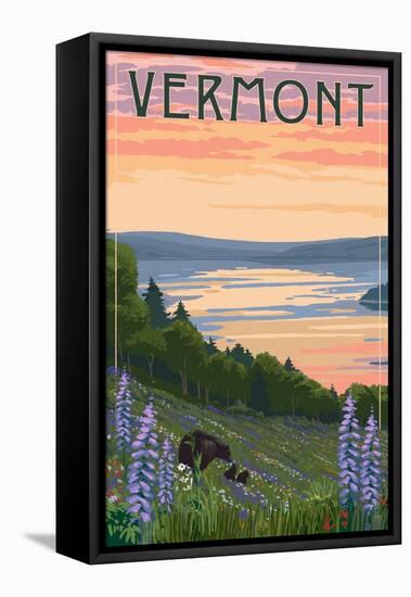 Vermont - Lake and Bear Family-Lantern Press-Framed Stretched Canvas