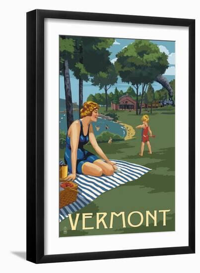 Vermont - Lake and Picnic Scene-Lantern Press-Framed Art Print