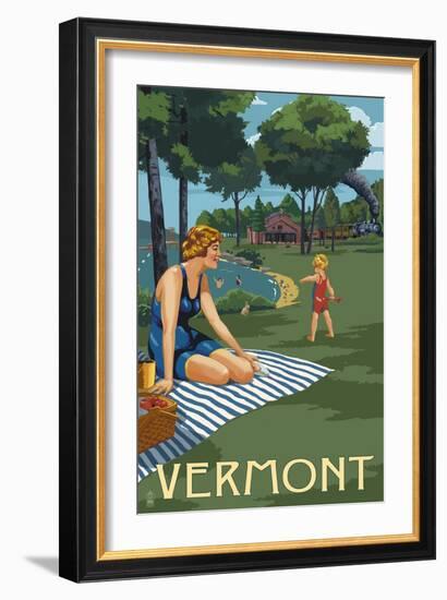 Vermont - Lake and Picnic Scene-Lantern Press-Framed Art Print