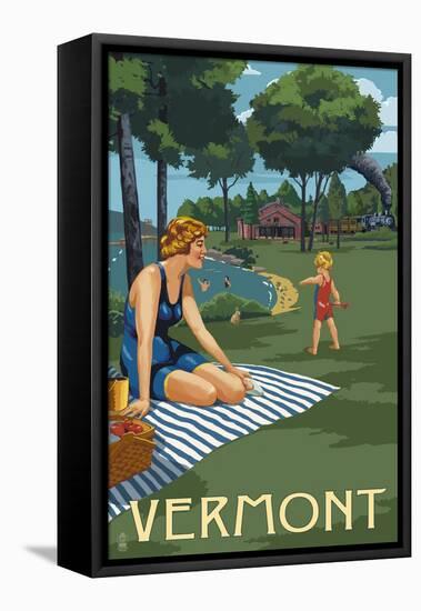 Vermont - Lake and Picnic Scene-Lantern Press-Framed Stretched Canvas