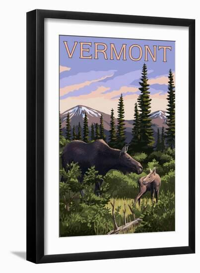 Vermont - Moose and Baby Calf-Lantern Press-Framed Art Print