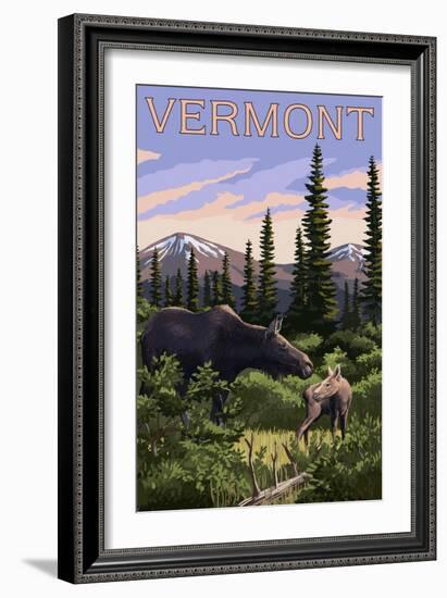 Vermont - Moose and Baby Calf-Lantern Press-Framed Art Print