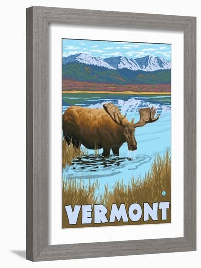 Vermont - Moose Drinking in Lake-Lantern Press-Framed Art Print
