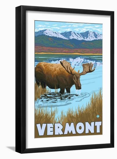 Vermont - Moose Drinking in Lake-Lantern Press-Framed Art Print