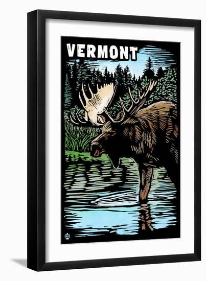 Vermont - Moose - Scratchboard-Lantern Press-Framed Art Print