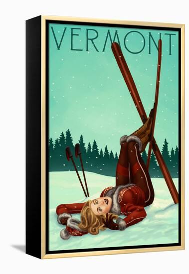 Vermont - Pinup Skier-Lantern Press-Framed Stretched Canvas