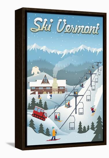 Vermont - Retro Ski Resort-Lantern Press-Framed Stretched Canvas