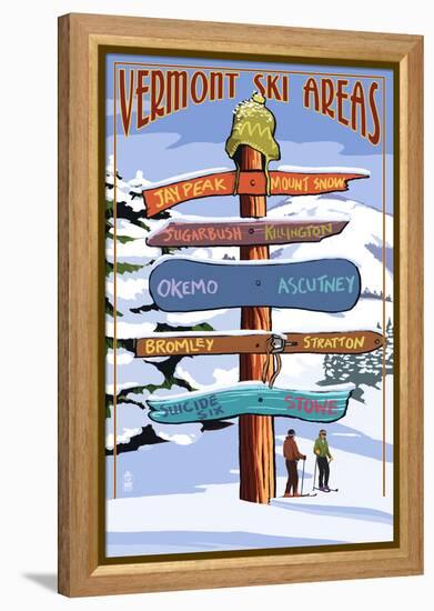 Vermont - Ski Areas Sign Destinations-Lantern Press-Framed Stretched Canvas