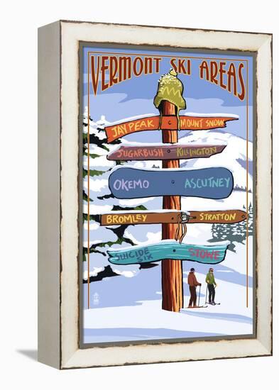 Vermont - Ski Areas Sign Destinations-Lantern Press-Framed Stretched Canvas