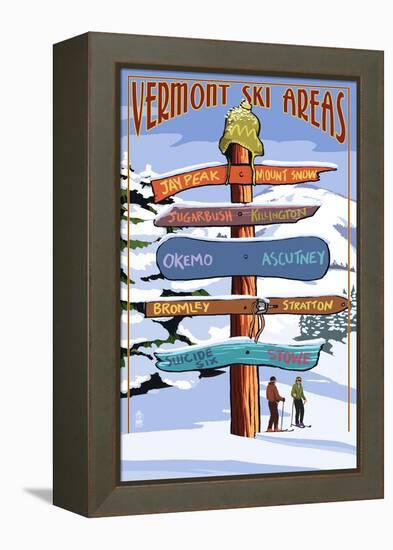 Vermont - Ski Areas Sign Destinations-Lantern Press-Framed Stretched Canvas