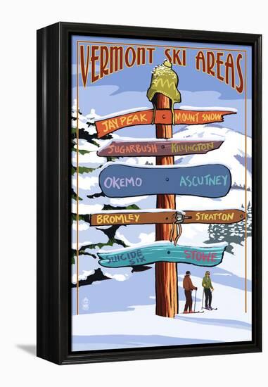 Vermont - Ski Areas Sign Destinations-Lantern Press-Framed Stretched Canvas