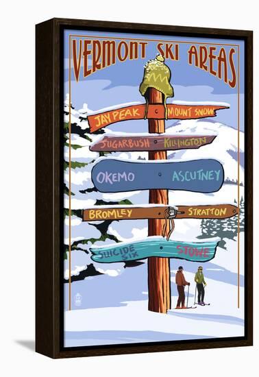 Vermont - Ski Areas Sign Destinations-Lantern Press-Framed Stretched Canvas