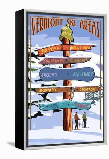 Vermont - Ski Areas Sign Destinations-Lantern Press-Framed Stretched Canvas