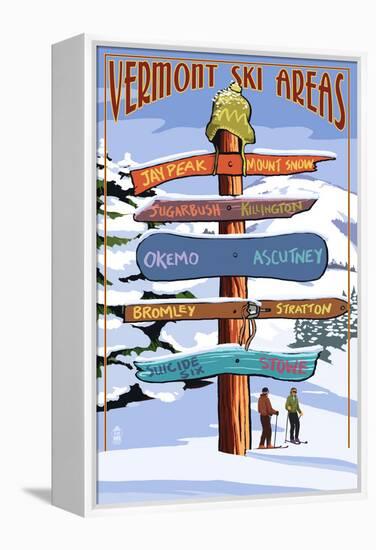 Vermont - Ski Areas Sign Destinations-Lantern Press-Framed Stretched Canvas