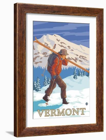 Vermont - Skier Carrying Skis-Lantern Press-Framed Art Print