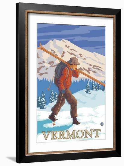 Vermont - Skier Carrying Skis-Lantern Press-Framed Art Print