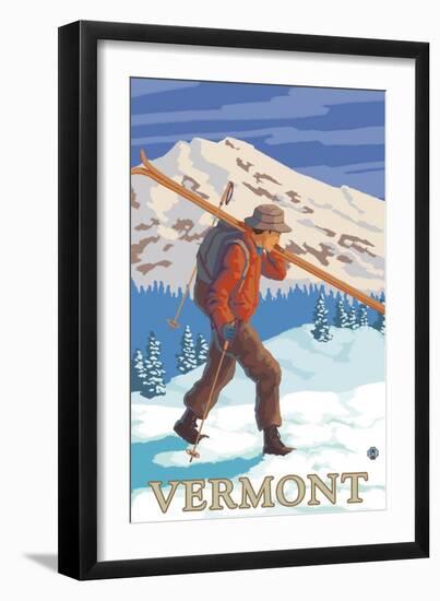 Vermont - Skier Carrying Skis-Lantern Press-Framed Art Print