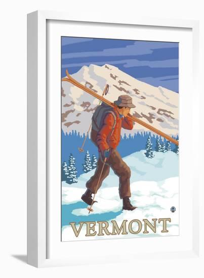 Vermont - Skier Carrying Skis-Lantern Press-Framed Art Print