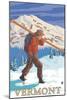 Vermont - Skier Carrying Skis-Lantern Press-Mounted Art Print